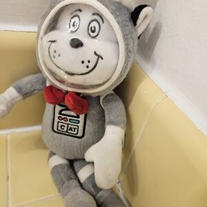 Gray and White Cat Plush Toy with Red Bow